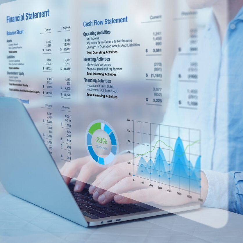 Accountant analysing financial statement with graph on computer. Auditing balance sheet, sales and income report, business operations data, corporate accounts. Finance and consulting.